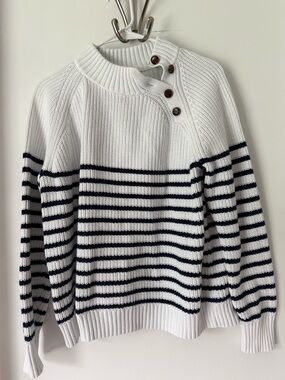 J. Crew White & Navy Striped Button-Shoulder Crew Sweater